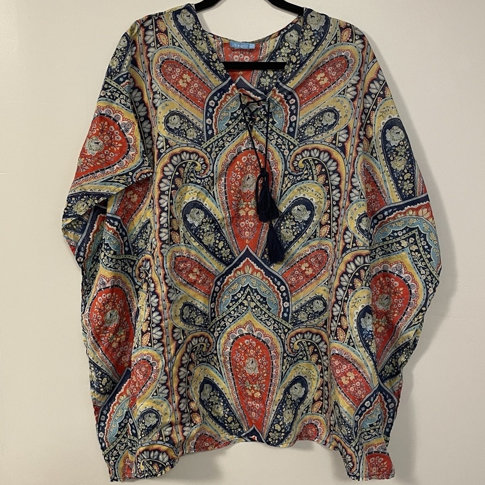J. Mclaughlin XS-S Tunic Kaftan Blouse Top Boho Paisley Multicolor Kimono EUC